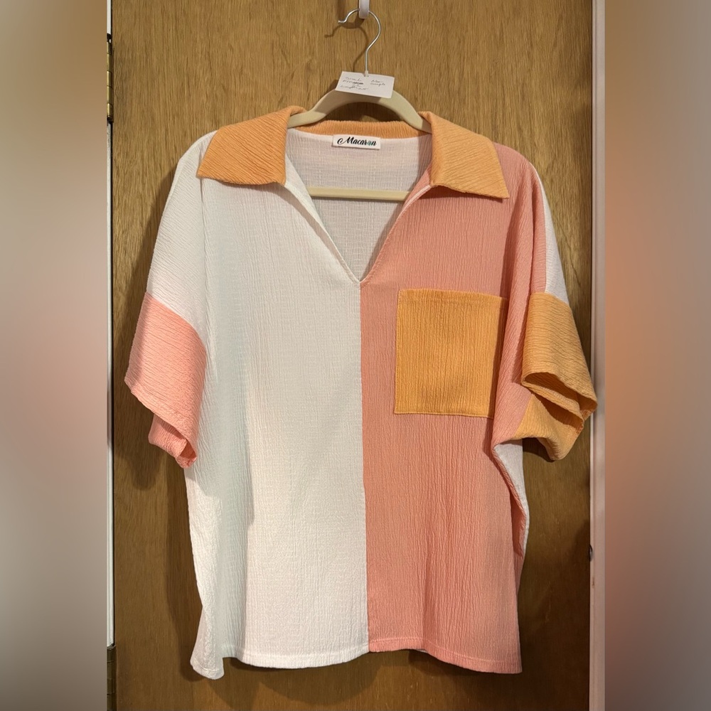 Macaroon Colorblock Casual Gauzy Shirt, Size L